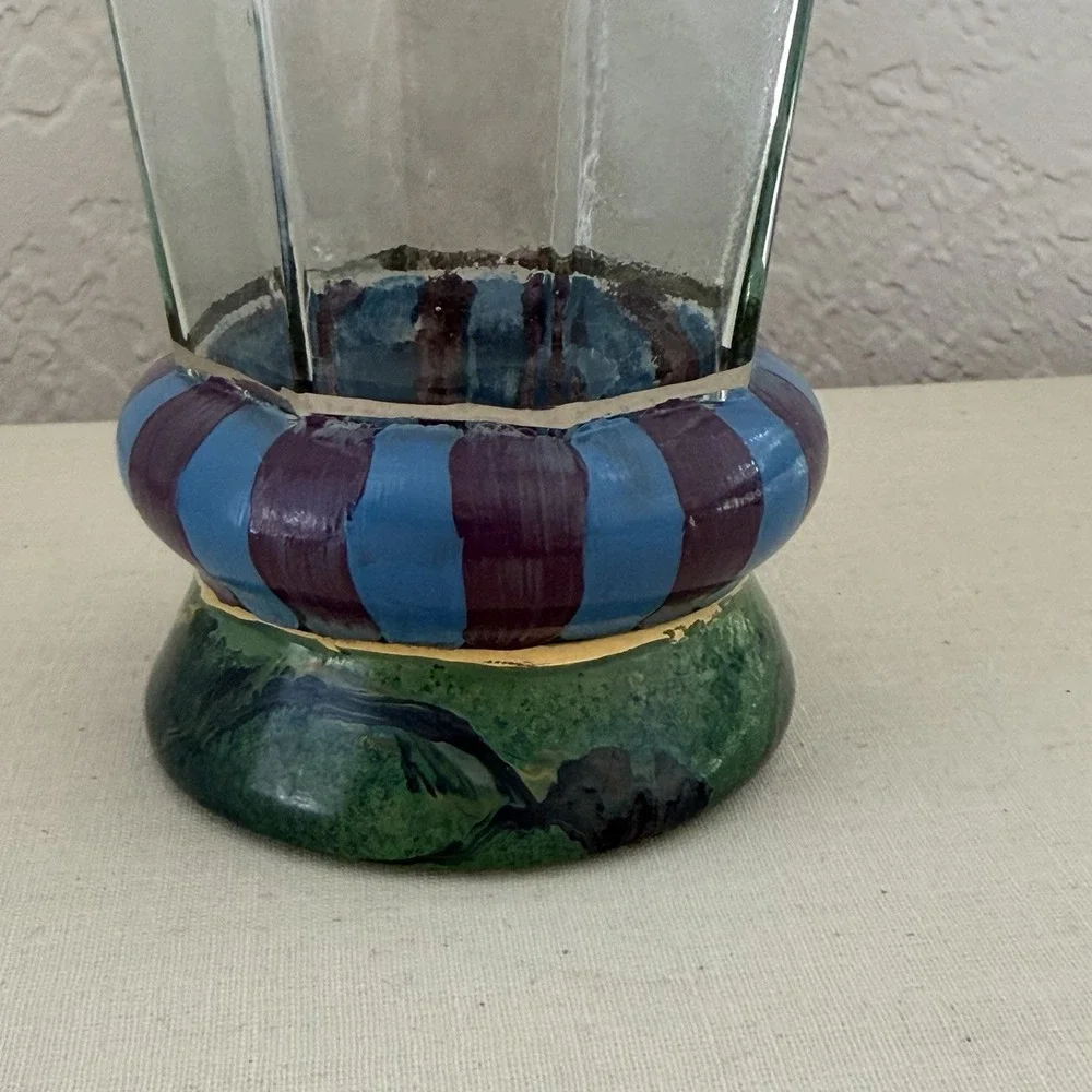 Vtg 80s 90s Mackenzie Childs Glass Cups Circus Purple Stripe Marble Octagon